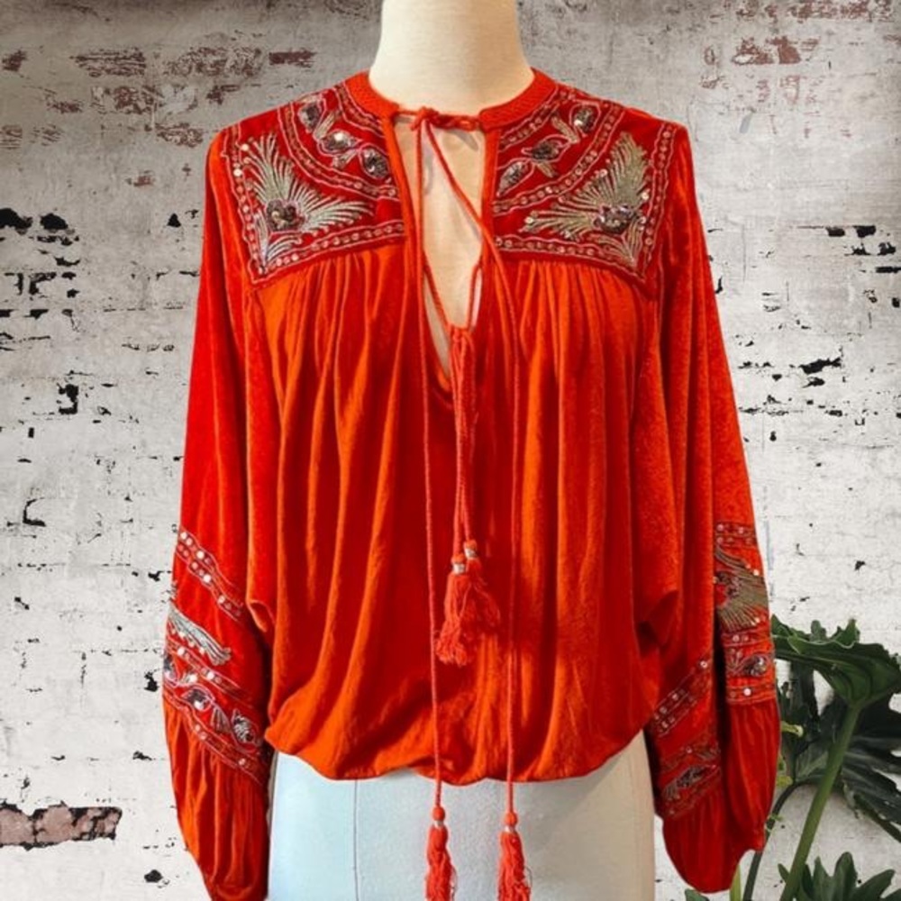 FREE PEOPLE hearts aflame orange sequin blouse